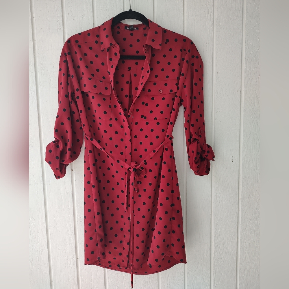 Express Red Long Sleeve Dress with Black Polka Dots